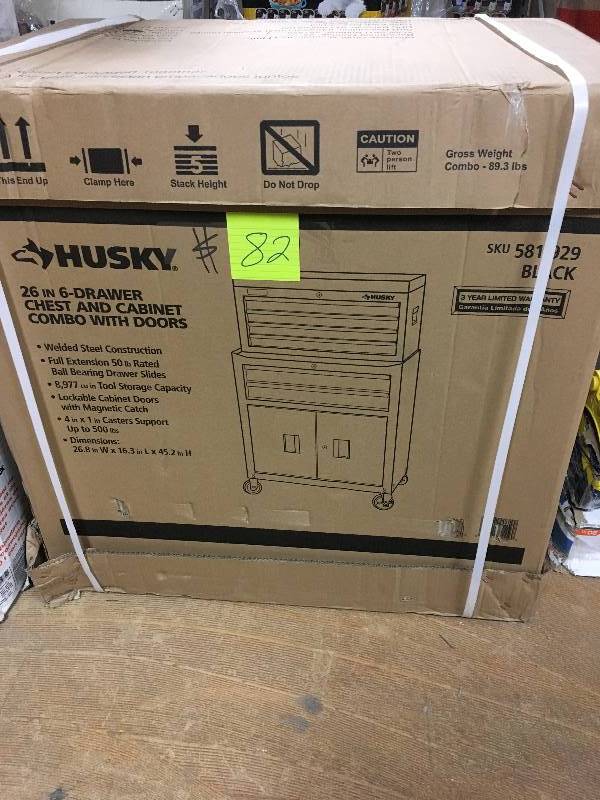 lot 82 image: Husky 26 in. 6-Drawer Chest and Cabinet Combo with Doors open box never used
