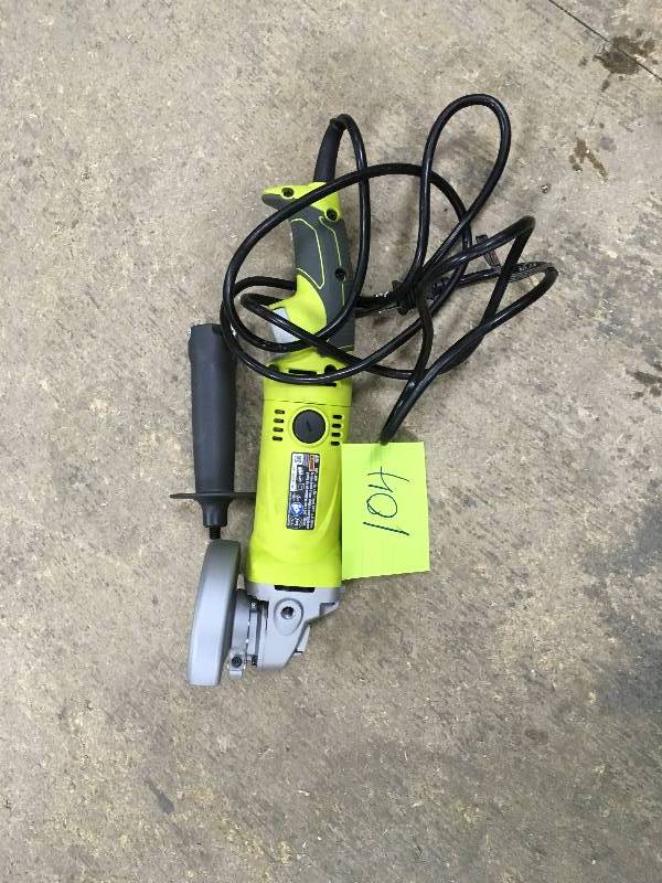 lot 104 image: Ryobi 7.5 Amp 4-12in. Angle Grinder with Rotating Reat Handle in working conditions