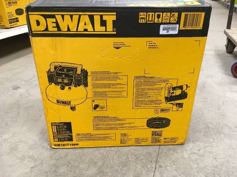 lot 108 image: Dewalt 18-Gauge Brad Nailer and 6 Gal. Heavy Duty Pancake Electric Air Compressor Combo Kit (1-Tool) not used