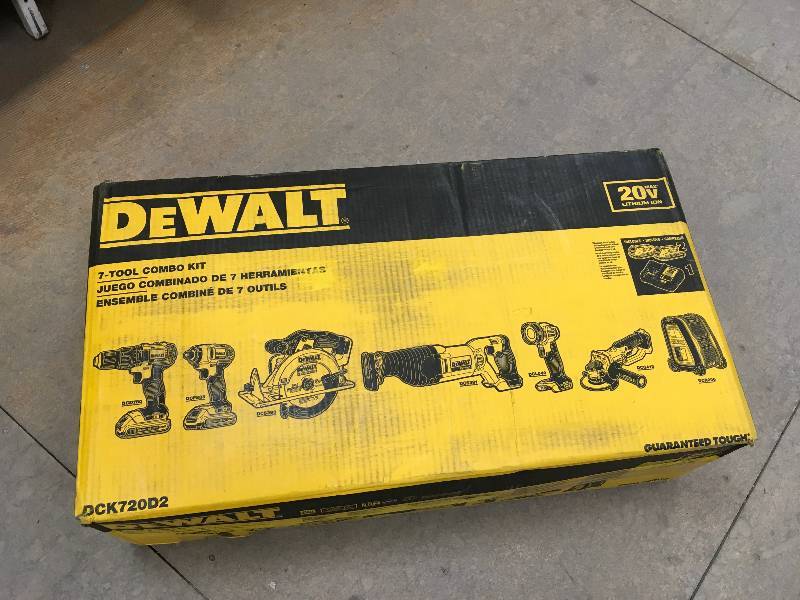 lot 109 image: Dewalt 20-Volt MAX Lithium-Ion Cordless Combo Kit (7-Tool) with (2) Batteries 2Ah, Charger and Contractor Bag model DCK720D2 not used open box