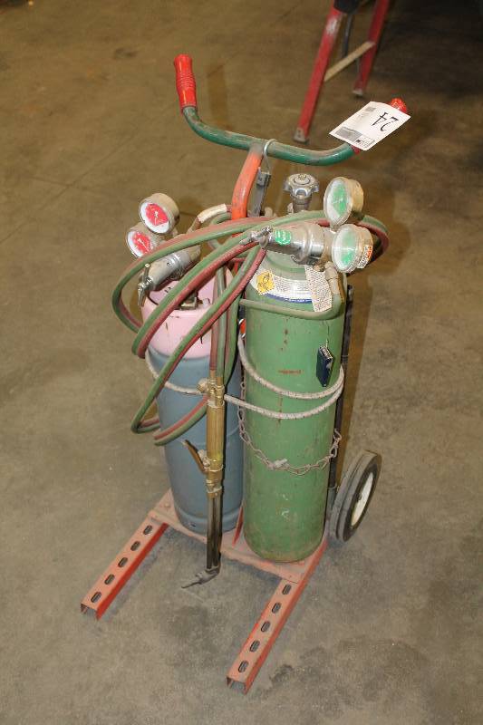 lot 24 image: Acetylene Oxygen Torch Tanks w Gauges, Connections, Cart