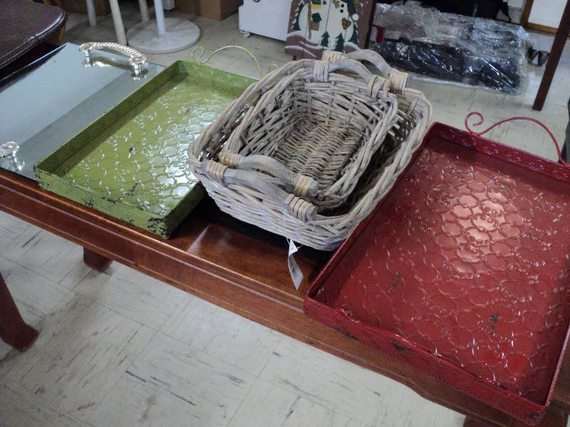 lot 55 image: 2 metal trays, mirror tray, and 2 b...