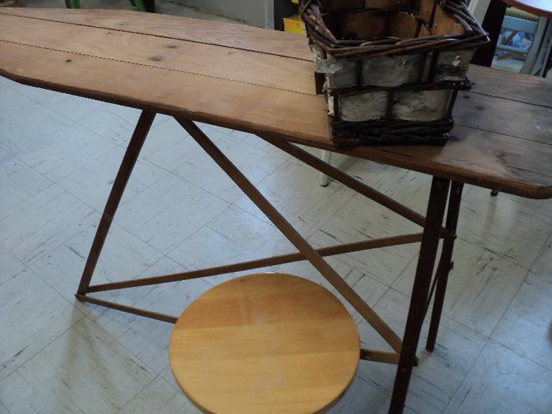 lot 85 image: wood ironing board, stool, and bask...