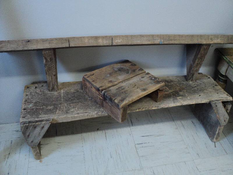 lot 90 image: 3 primitive pieces, shelf, stool, a...
