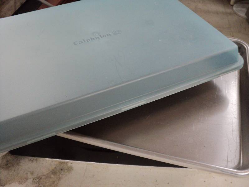 lot 158 image: 2 14 x 18 covered sheet pans one ...
