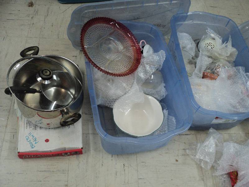 lot 197 image: 2 covered totes of glassware, pots ...