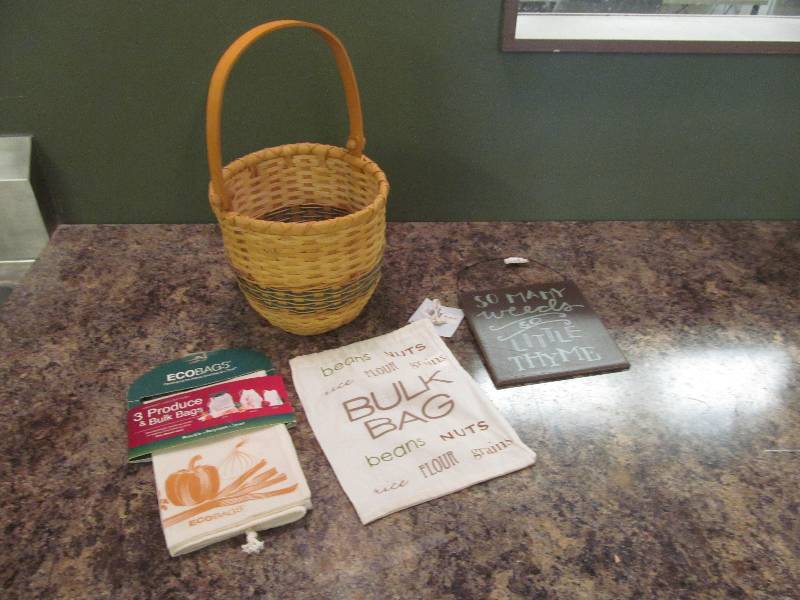 basket, bags, sign