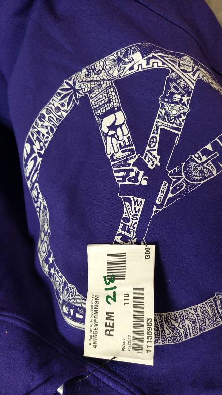 lot 218 image: Los Angeles Pop Art Girls Hooded Sweatshirt - Peace, Love, & Music Purple M