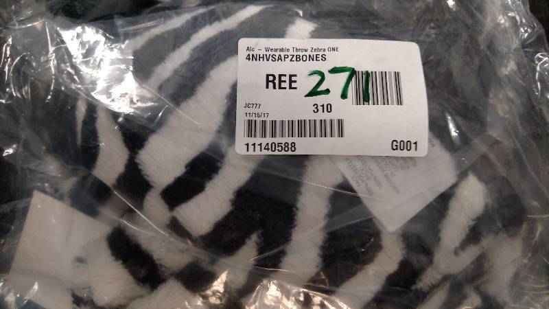 lot 271 image: alcove Wearable Throw Zebra ONE SIZE