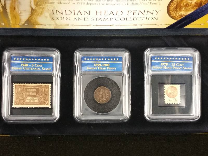 lot 26 image: 1863 Indian Head Penny & Indian Stamp Set