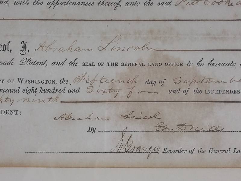 lot 43 image: 1864 Abraham Lincoln Signed Land Grant