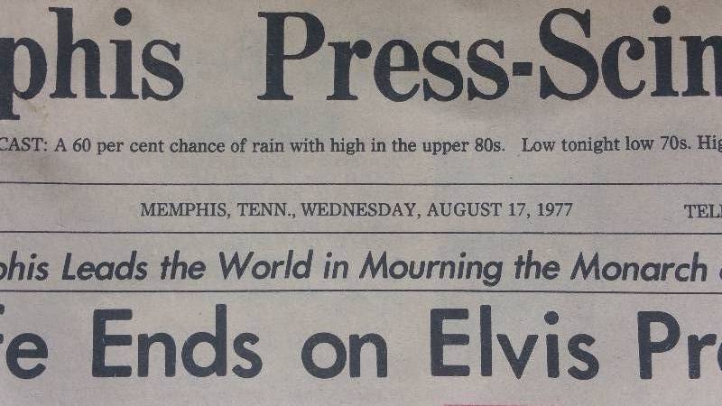 lot 27A image: 1977 Mephis Press-Scumitar Elvis Presley Death Announcement Paper