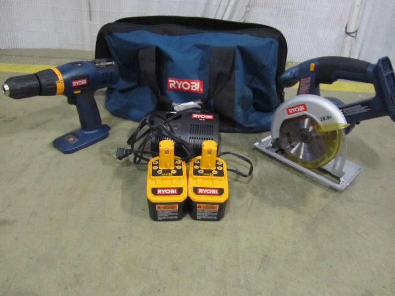 lot 15 image: Ryobi One Drill & Circle Saw w two batteries, charger, and carrying case.