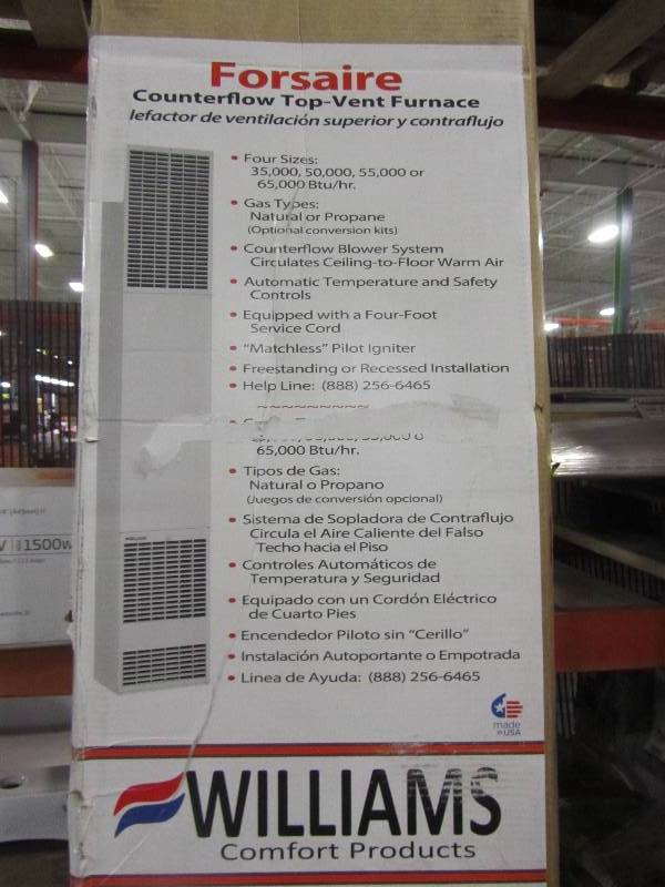 lot 30 image: Williams 55,000 BTUhr Forsaire Counterflow Top-Vent Natural Gas Wall Furnace Heater