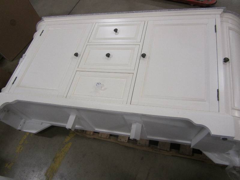lot 44 image: Home Decorators Collection Davenport 73 in. Vanity in Distressed White with Granite Vanity Top in Grey and Undermount Sink