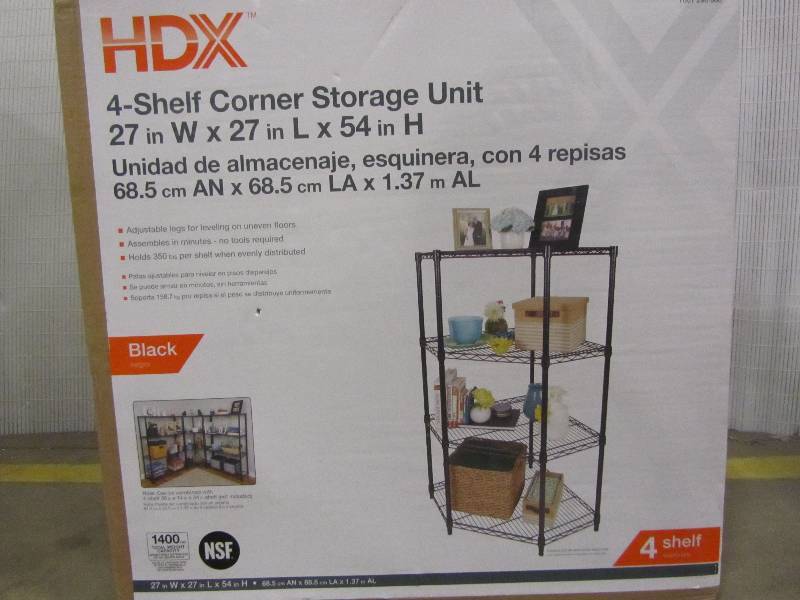 lot 52 image: HDX 4 Shelf Steel Corner Shelving Unit in Black (x2)