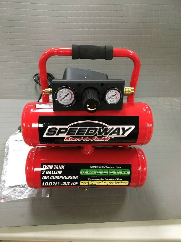 lot 7 image: Speedway Start to Finish Twin Tank 2 Gallon Air Compressor 100 MAX PSI, .33 HP in loike New conditions