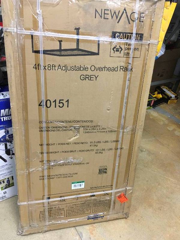lot 33 image: NewAge 4 ft x 8 ft. Adjustable Overhead Rack - Grey not used