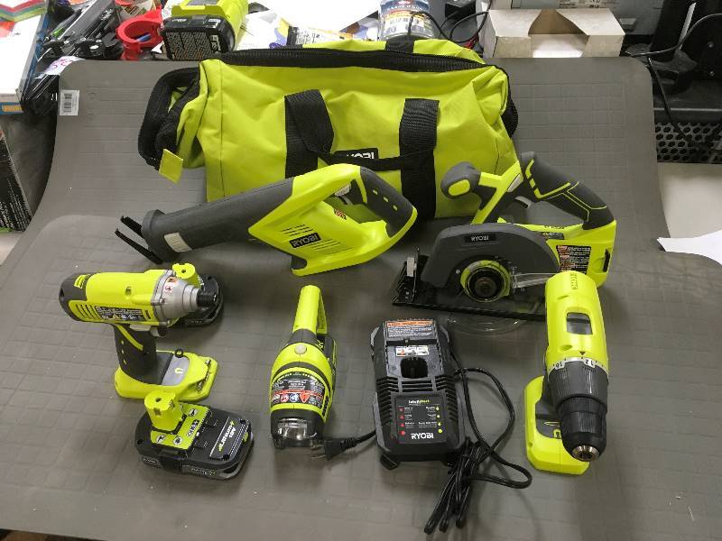lot 58 image: Ryobi 18 Volt 5 Piece Cordless Combo Tool Set with Carry Bag in working conditions