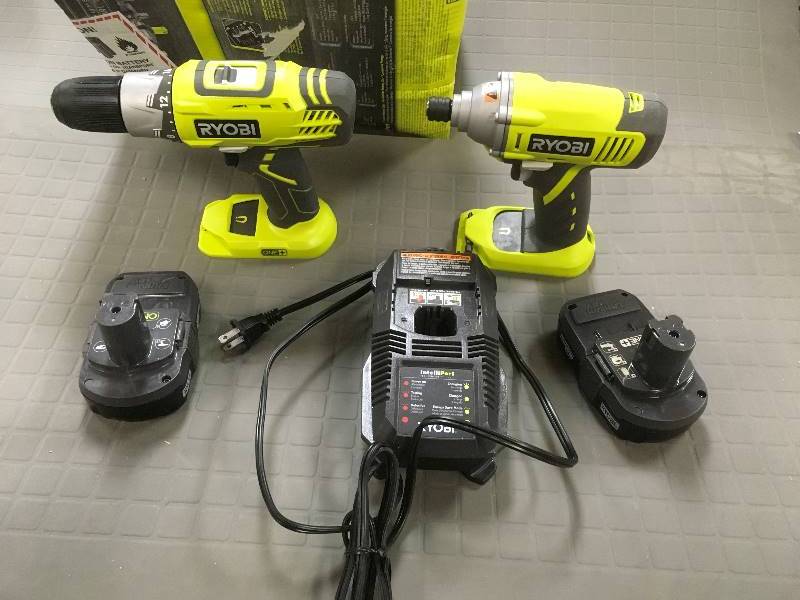 lot 64 image: Ryobi One  18 Volt Lithium-Ion DrillDriver & Impact Driver Kit in working conditions