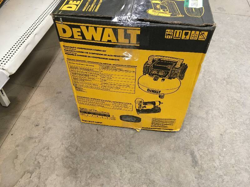 lot 73 image: Dewalt DW1K1T18PP Heavy Duty aire compresor Combo Kit 597280 open box never used