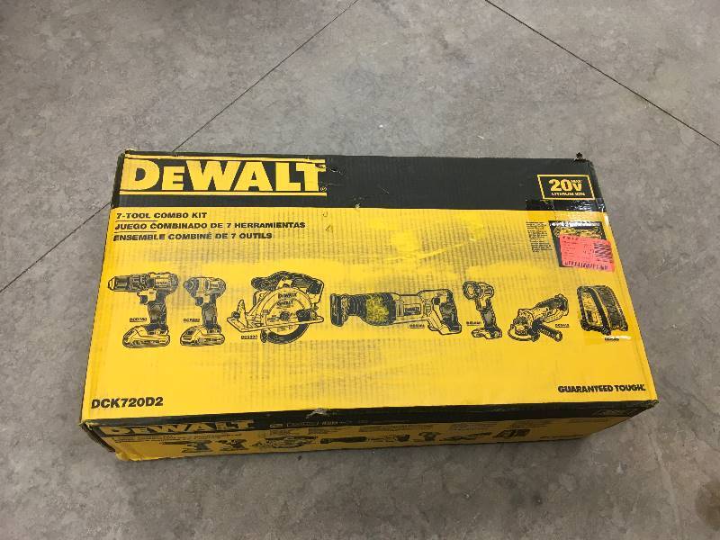 lot 75 image: DEWALT  20-Volt MAX Lithium-Ion Cordless Combo Kit (7-Tool) with (2) Batteries 2Ah, Charger and Contractor Bag open boxnever used
