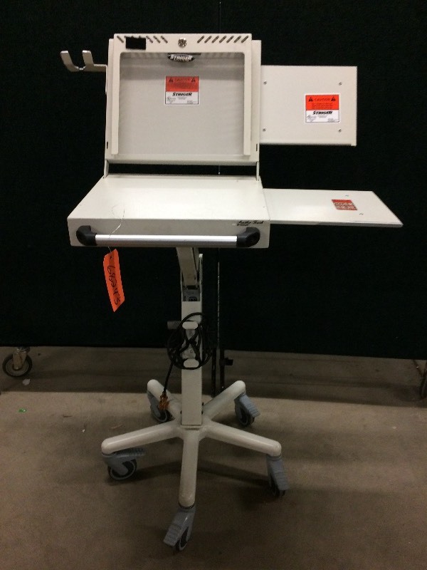 lot 27 image: Levitator Stinger Sit Stand Flat Panel Mobile Laptop Medical Workstation With Power Supply Left or Right Hand Slide Out Mouse Tray - Great Condition