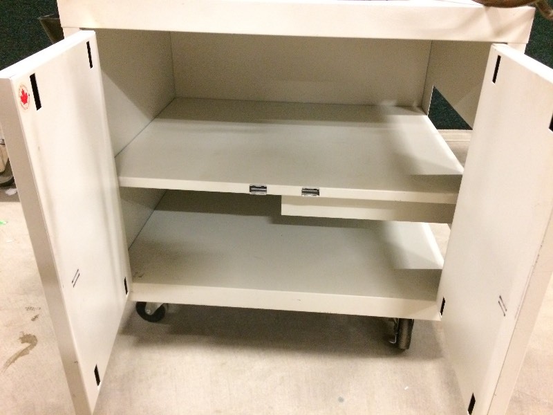 lot 41 image: Heavy Duty Medical Grade Mobile Large Network Printer Utility 2 Door Cabinet Cart - Outdoor Slots For Paper - Great Condition