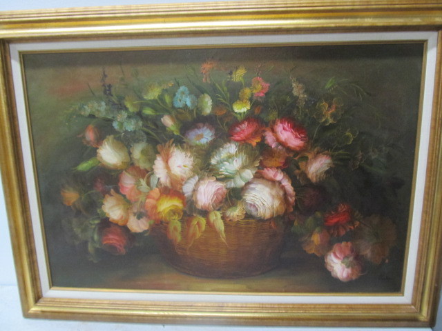 lot 30 image: Large Signed Oil on Canvas Still Life Painting - Peonies