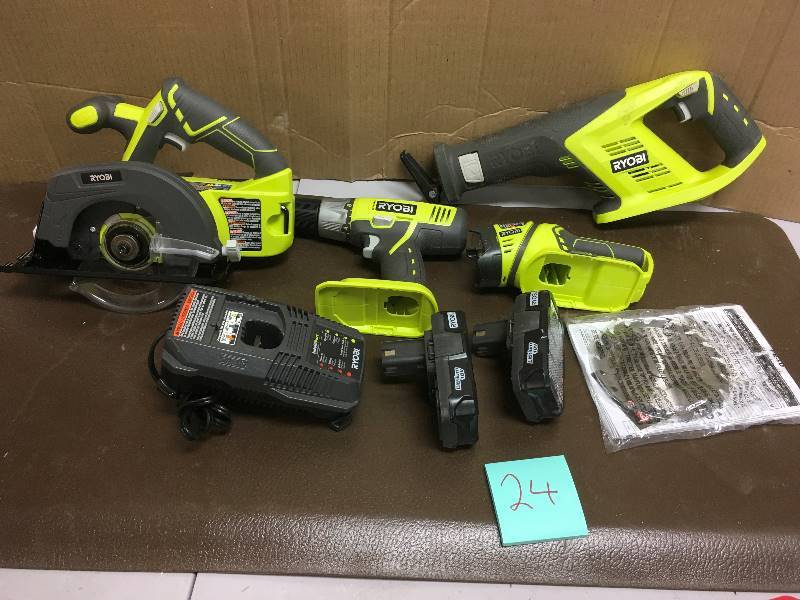Ryobi One  18 Volt 4 Piece Combo Kit, Drilldriver, Reciprocating Saw, Circular Saw open box in like new condition
