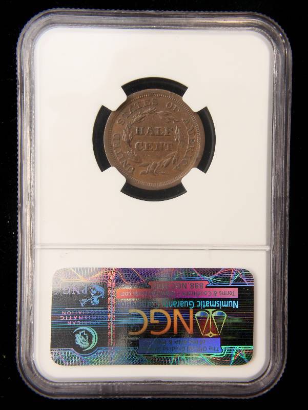 lot 01 image: 1957 US HALF CENT AU55BN NGC LOW MINTAGE COIN