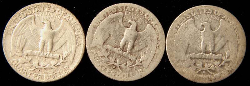 lot 47 image: GROUP OF 3 SILVER WASHINGTON QUARTERS 1936D 1943D & 1948S