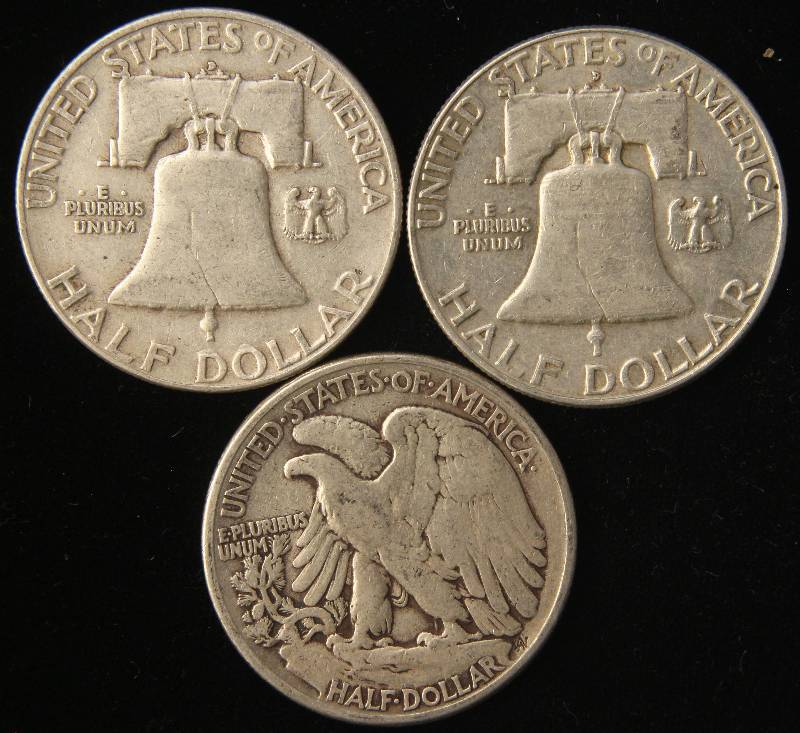 lot 66 image: 3 SILVER HALF DOLLARS 1944 WALKER, 1953-D 1963-D FRANKLIN