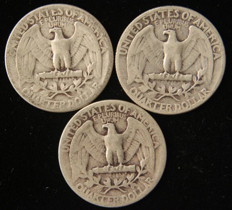 lot 76 image: GROUP OF 3 SILVER WASHINGTON QUARTERS 1940 1941 & 1942