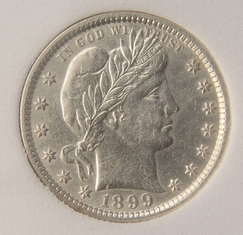 lot 10 image: 1899 BARBER SILVER QUARTER MS64 PCGNS
