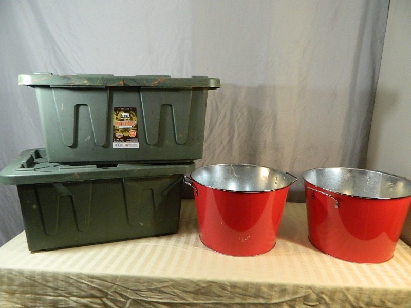 2 Totes with Lids and 2 Metal Containers