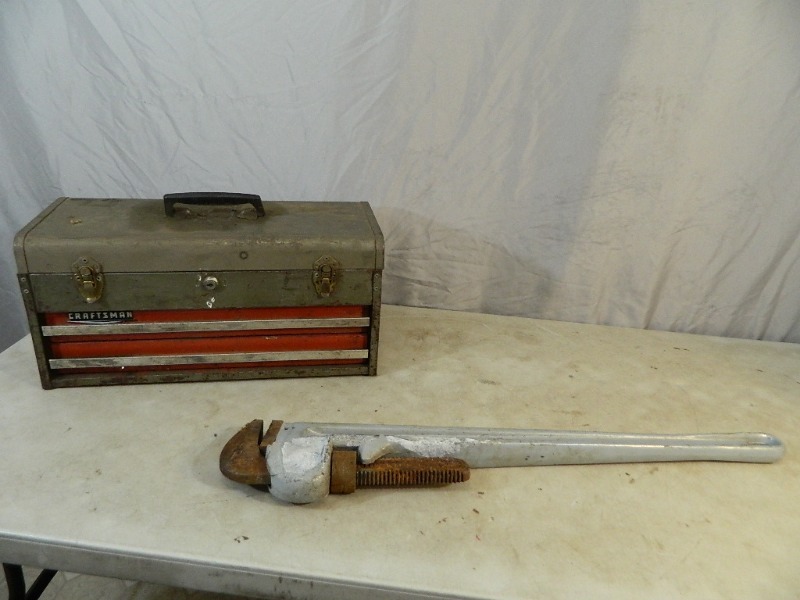 Metal Craftsman Toolbox and Pipe Wrench