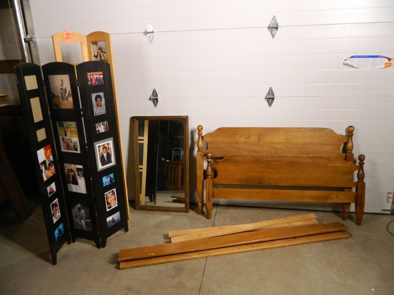 Wood Bed, Picture Frames, Mirror
