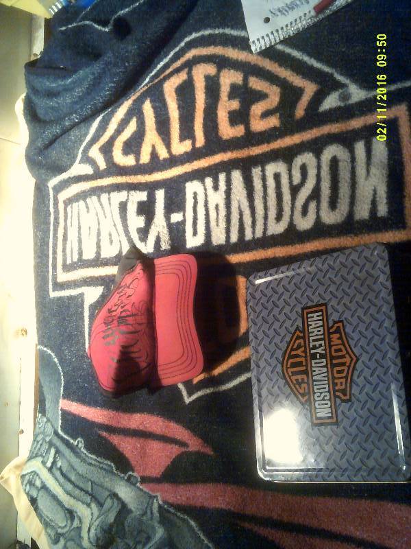 lot 67 image: HARLEY THROW , LUNCH BOX , HAT