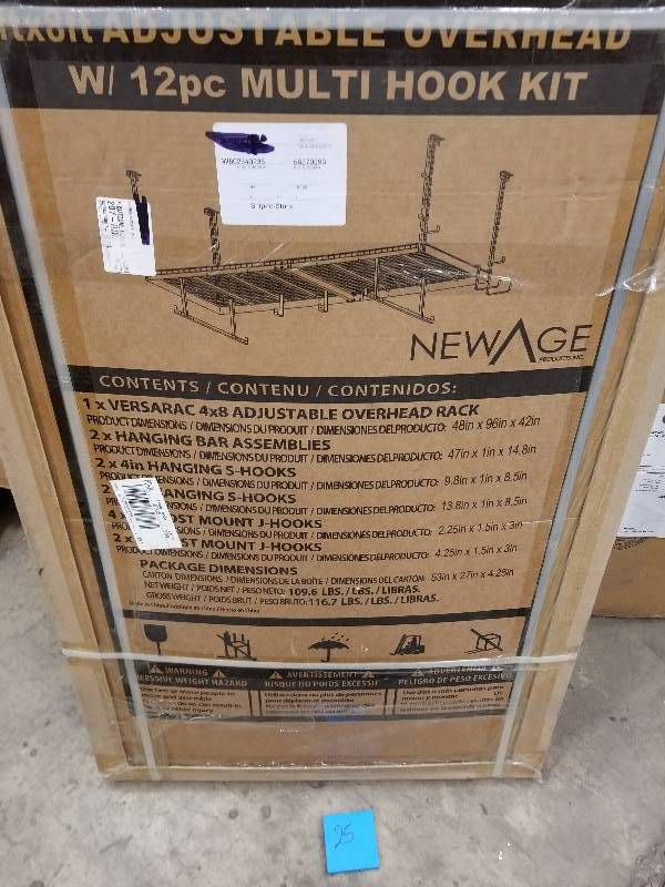 lot 25 image: Versarac 96 in. L x 48 in. W x 42 in. H Adjustable Ceiling Storage Rack with 12- Piece Hooks in Gray open box in like new condition