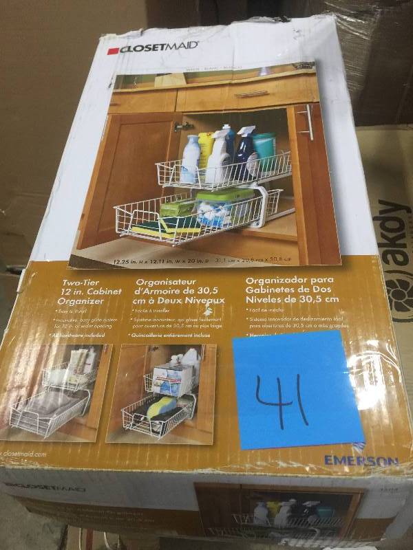 lot 41 image: Closetmaid 12in. 2 -Tier Ventilated Wire Sliding Cabinet Organizer in white open box in new condition