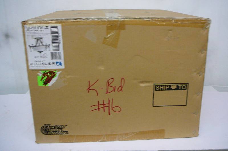 lot 16 image: Kichler Lighting Oiled Bronze 3 Light 60W Etched glass Mocha Swirl Tear Drops IN box