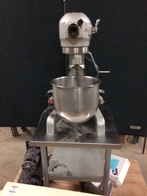 lot 27 image: WOW  Hobart 20 Quart Mixer Mounted On Eagle NSF Stainless Steel Stand With Shelf Underneath - This Mixer Is In Excellent Working Condition