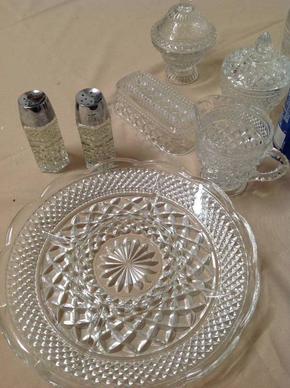 lot 45 image: 11 Crystal Pieces , Relish Tray, Creamer, Salt and Pepper Shaker, Jello Bowl, Glass,