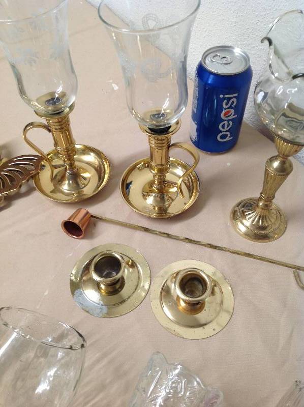 lot 41 image: Glass Globes and Brass Candle Holders