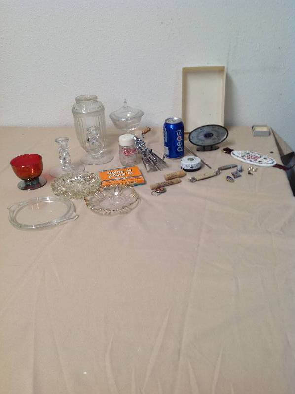 lot 56 image: Colored Glass Cup, Two Glass Candle Holders