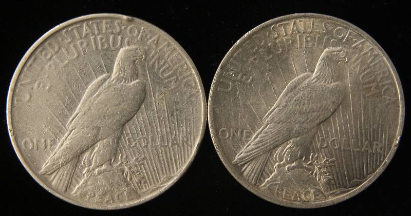 lot 50 image: 1922 & 1923-D PEACE SILVER DOLLARS VF-AU
