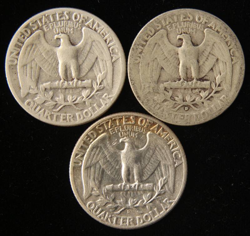 lot 55 image: GROUP OF 3 SILVER WASHINGTON QUARTERS 1937 1943-D & 1952-D