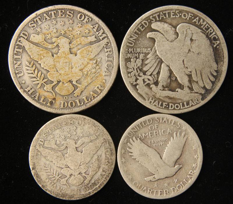 lot 56 image: 4 COINS 1908 BARBER 50C, 1919 WALKER 50C, 1907 & 1927 25C