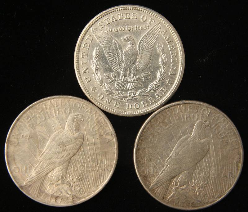 lot 57 image: 3 SILVER DOLLARS 1921-S MORGAN, 1922, 1923-S PEACE XF-AU
